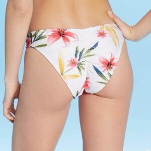 Shade & Shore White Floral Tropical Print Cinched Cheeky Bikini Swim Suit Bottom